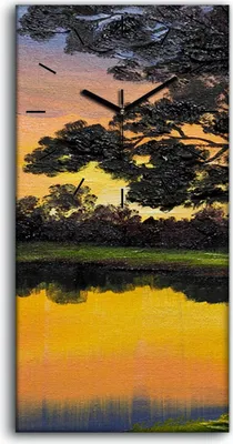 Produktbild von Wanduhr Bürouhr Leinwand Bild 30x60 Ölgemälde See Wald Bäume Sonnenuntergang - schwarze Hände
