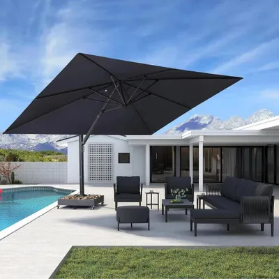 Produktbild von PURPLE LEAF Ampelschirm Rechteckiger Aluminium Terrassenschirm,Groß Sonnenschirm 330 x 450 cm, 360° Drehbar für Terrasse, Balkon Sonnenschutz, Grau