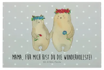 Produktbild von Mr. & Mrs. Panda Glasbrett Bären mit Blumenkranz - Grau Pastell - Geschenk, Muttertag, Familie, Mama, Hackbrett, Glasschneidebrett, Küchenschneidebrett, schneidbrett