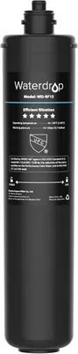 A black water filter cartridge with text and logos printed on it, presented against a black background.