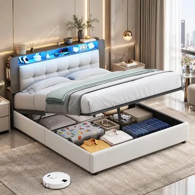 Immagine prodotto di Letto idraulico imbottito INONEFT, 160x200 cm, con illuminazione LED, letto per ragazzi con testiera, spazio contenitivo e ricarica wireless, struttura del letto con rete a doghe, in velluto, color beige, Immagine generata dall'IA
