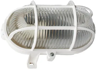 A white oval light fixture with a clear, ribbed glass cover and a white protective cage.