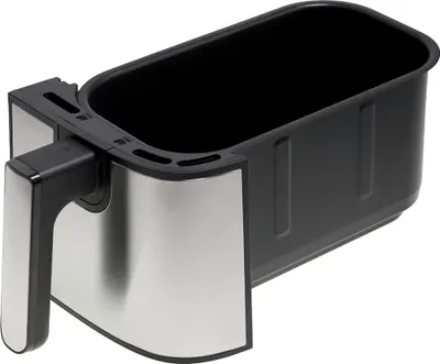 A close-up, angled view of an air fryer basket with a handle.