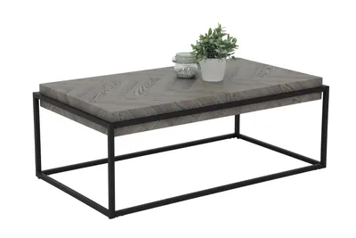 Produktbild von Couchtisch Carlos - Platte 10cm stark - Nachbildung Fischgräte Grau - Metallgestell Schwarz matt - 114x64x42cm