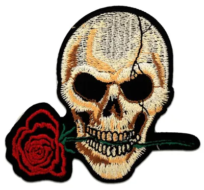 Produktbild von Totenkopf Mit Rose - Aufnäher, Bügelbild, Aufbügler, Applikationen, Patches, Flicken, Zum Aufbügeln, Größe: 8,4 x 7,5 cm