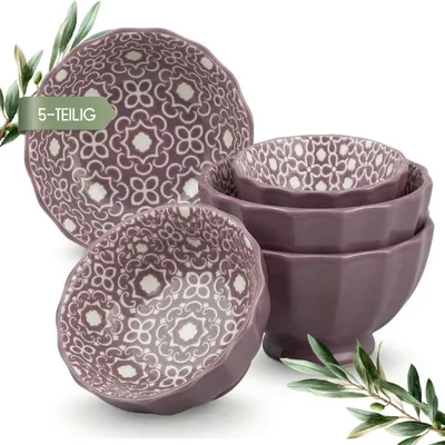 Imagen del producto de Juego de 5 cuencos de porcelana, cuencos decorativos lilas con motivos bohemios