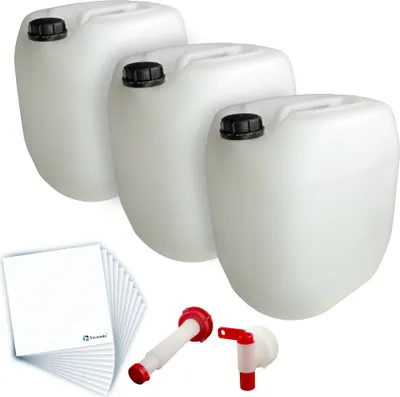 Produktbild von Trevendo 3er Pack 30 Liter Leerkanister inkl. Auslaufhahn, Ausgießer Flex und 10 Etiketten