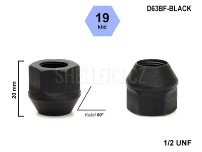 Obrázok produktu pre Matica kolesa 1/2 UNF s kužeľovým otvorom, kľúč 19, čierna, D63BF-BLACK, výška 20