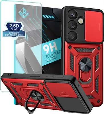Produktbild von Armor Handyhülle für Samsung Galaxy S25 FE mit 9H Displayglas Displayschutz Kameraschutz Handy Panzer Case Cover Schutzhülle Outdoor Farbe: Rot