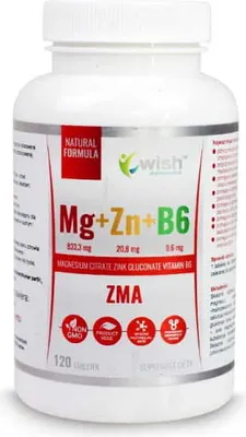 Obrázek produktu pro WISH Pharmaceutical ZMA - hořčík zinek vitamín B6 - tablety s vysokou dávkou - doplněk stravy vhodný pro vegany a vegetariány - 120 tablet
