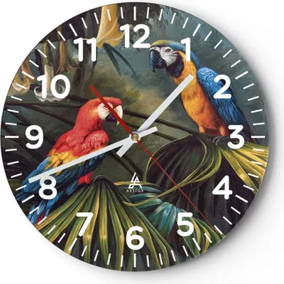 Produktbild von Wanduhr - Rund - Glasuhr - Ara Papageien Palmen - 30x30cm - Schleichendes Uhrwerk - Lautlos - zum Aufhängen bereit - Dekoration Modern - Wanddekoration aus Glas - C4AR30x30-4780