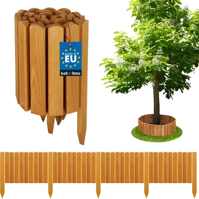 A product image showing wooden garden edging and a tree surrounded by similar edging.