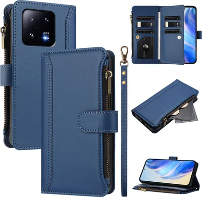 Image de Etui pour Xiaomi 13 Pro, zippé, étui portefeuille en cuirPolyuréthaneavec pochettes pour cartes, support et dragonne bleu