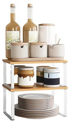 Image de Ensemble de 4 organisateurs de cuisine – Étagères de rangement – Blanc/marron – Dimensions : 19,5 x 29,7 x 15,5 cm et 18,5 x 29,7 x 13,6 cm