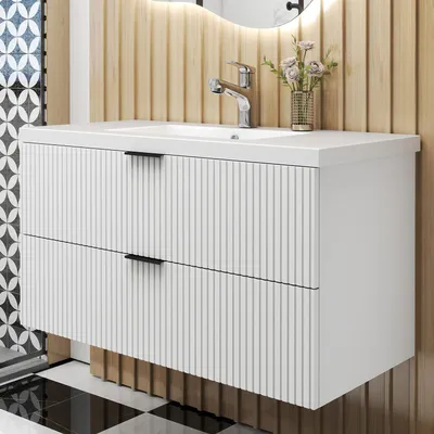 Produktbild von AICA Waschbeckenunterschrank Weiß Matt 100cm Mineralguss Waschtisch mit Unterschrank,2 Softclose-Schubladen,geriffelte Schubladentüren