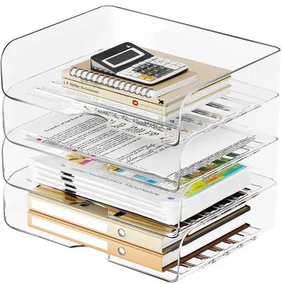 Immagine prodotto di Set di organizer da scrivania in PET, impilabili, trasparenti, formato A4, confezione da 4 pezzi. Ideali per l'organizzazione dell'ufficio