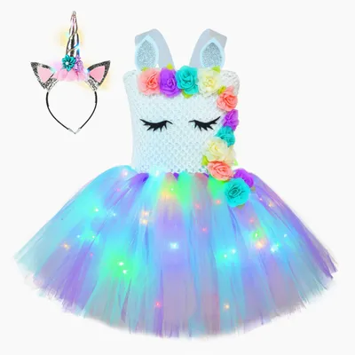 Produktbild von Einhorn-Tutu-Kleid für Mädchen mit 12 Blumen, farbenfrohes, leuchtendes Kostüm, Kinder-Partykleid L