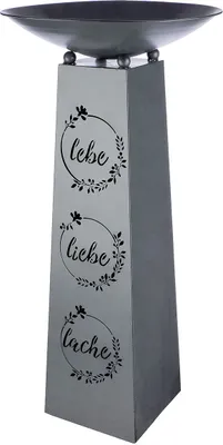 Produktbild von Metall Schalenständer "Lebe Liebe Lache" – Antik Grau Höhe 102cm