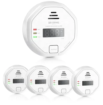 Obrázek produktu pro Sada 5 detektorů oxidu uhelnatého Brandson CO-Melder s elektrochemickým senzorem, LCD displejem a alarmem 85 dB, životnost senzoru 7 až 10 let, splňuje normu DIN EN 50291, 5 kusů, bílé barvy
