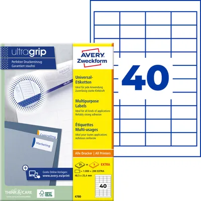 Produktbild von Avery Zweckform 4780, Universal-Etiketten, A4, Qualitätsdruck mit: ultragrip, 48,5 x 25,4 mm, 1.200 Etiketten / 30 Bögen, weiß