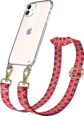 Produktbild von EAZY CASE Handykette - Verstellbarer Trageriemen kompatibel mit Apple iPhone 11, Handykordel mit transparenter Silikon-Hülle, Karabiner Gold, ZickZack Style, Band in Lila