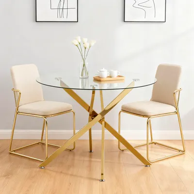 Produktbild von Esstisch Rund Ø 80 cm für 2-4 Personen – Moderner Küchentisch aus gehärtetem Glas mit Metallbeinen in Gold-Optik – Stabiler Glastisch minimalistisch