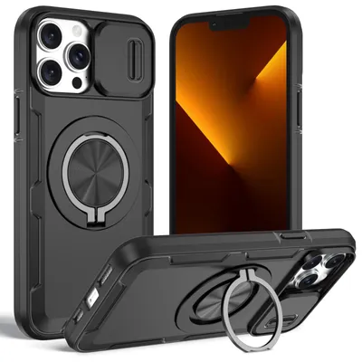 Produktbild von Magnetische Hülle für iPhone 13 Pro, Militär Stoßfest Handyhülle mit Kameraschutz und Ringhalter Ständer Schwarz