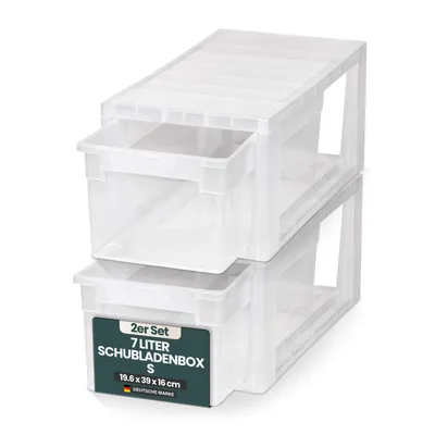 Produktbild von Set: 2 x Schubladenboxen Größe S mit Nutzvolumen 7 Liter pro Box, Maße pro Box: 19,6x39x16 cm
