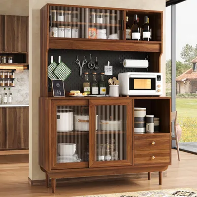 Produktbild von Flieks Küchenschränke mit Riffelglas-Schiebetüren, Kiefernholz Füßen, Schubladen und offenen Fächern, Hochschrank Sideboard 117x30x170cm, Walnussfarbe