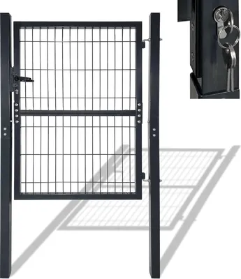 Obrázek produktu pro UISEBRT, zahradní brána, 125 x 100 cm, antracitová barva, se zámkem a klikou. Robustní ocelová konstrukce. Vhodná jako brána do dvora, zahradní brána, brána do oplocení