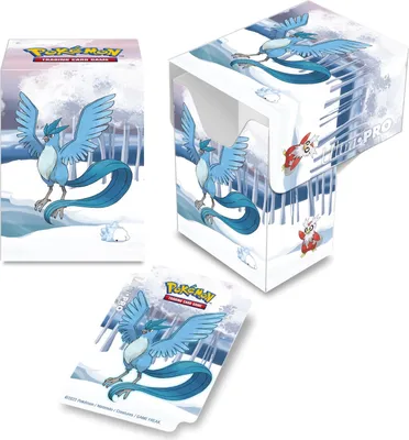 A product shot of Pokemon trading card deck boxes and sleeves with a winter forest theme.