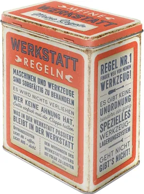 A vintage-style tin box with text about workshop rules.