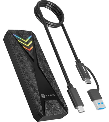 Produktbild von ICY BOX Gehäuse für NVMe M.2 SSD, RGB-Beleuchtung, Host USB 3.2 Gen 2 Type-C+ Type-A, 10 Gbit/s, SSD-Gehäuse, M.2, PCI Express, 10 Gbit/s, USB Anschluss, Schwarz