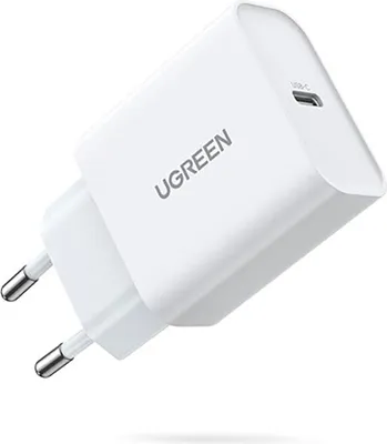 A white Ugreen USB-C charger with EU plug.