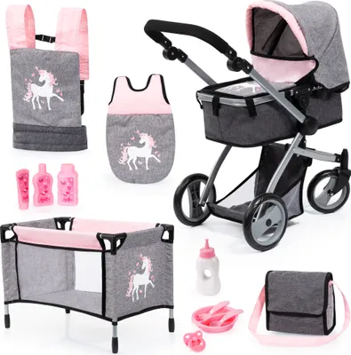 Produktbild von Bayer Design 18333AC Kombi-Puppenwagen Mega Set, wandelbar, höhenverstellbar, Zubehör, Reisebett, Trage, Schlafsack, jeans-grau, rosa, Einhorn