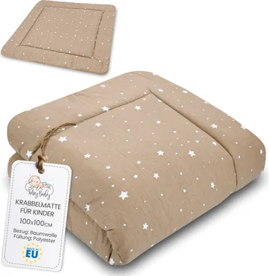 Produktbild von Krabbelmatte Baby Spielmatte Krabbeldecke 100x100 cm - Spieldecke Spielmatte und Bodenmatte für Kinder und Babies große Matte Play Mat für Kinderzimmer und Laufgitter Beige mit Weiß Sternen