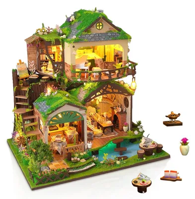 DIY-Miniatur-Puppenhaus, grünes Waldhaus mit LED-Beleuchtung