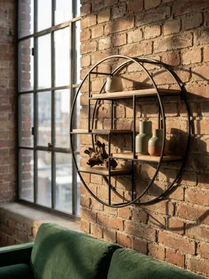 Detailansicht des Industrial-Wandregals, dekoriert mit handgetöpferten Keramikvasen und einer kleinen Bronzefigur, die eine wohnliche Atmosphäre schafft._#sku_SAFWL6.750#