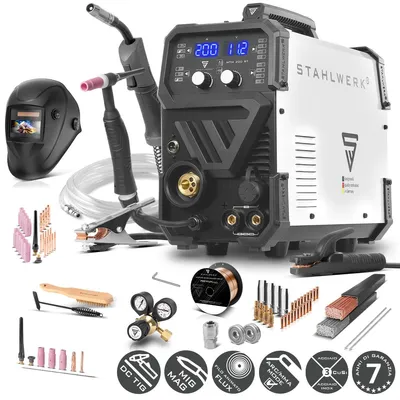 Immagine prodotto di STAHLWERK Saldatrice ad arco schermata a gas 3-in-1 combi MTM-200 ST - completamente equipaggiata - TIG, MIG/MAG, MMA/Mano fino a 200 A, azionamento a 4 rulli, adatta per filo animato, productTiles.product.images.aiGenerated