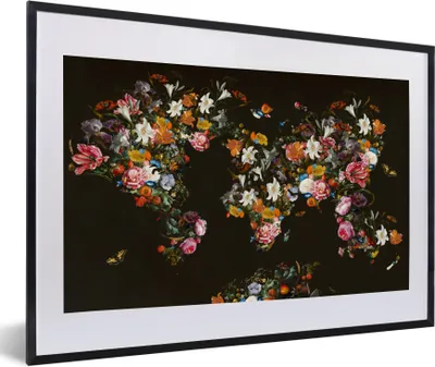 Produktbild von MuchoWow® Gerahmtes Poster Weltkarte - Blumen - Schmetterling - Schwarz 60x40 cm - Poster mit Schwarzem Bilderrahmen Wandposter Rahmen Foto Bilder - Schlafzimmer - Plakat in Rahmen - Drucken