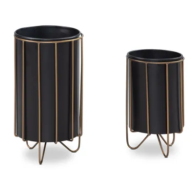 Produktbild von Blumentopf 2er Set Metall Pflanzenkübel Schwarz Gold Rund Pflanzgefäß
