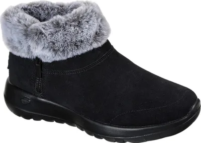 A single black boot with a gray faux fur lining is shown against a white background.