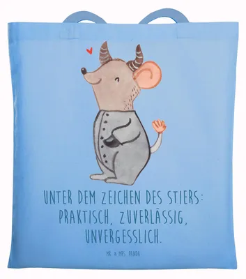 Produktbild von Mr. & Mrs. Panda Schultasche Stier Astrologie - Sky Blue - Geschenk, Tasche, Geburtstagsgeschenk, Jutebeutel, Sternzeichen, Tragetasche, Tote Bag, Laptoptasche