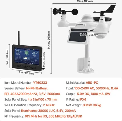 Image de Station météo - 7 en 1 - Sans fil - Station météo avec écran TFT de 186 mm et capteur extérieur sans fil