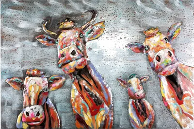 Image de Tableau métallique fait main Happy Cows Small L=60 H=40cmD=6cm