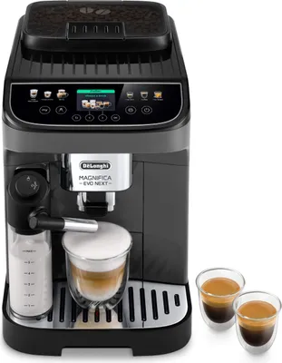 A black DeLonghi Magnifica Evo Next coffee machine with a milk frother and two cups of espresso.