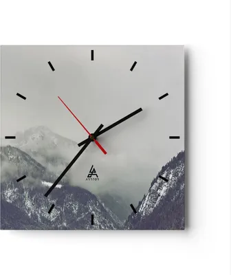 Produktbild von Wanduhr - Quadrat - Glasuhr - Berge Wald Nebel - 30x30cm - Schleichendes Uhrwerk - Lautlos - zum Aufhängen bereit - Dekoration Modern - Wanddekoration aus Glas - C3AC30x30-4270