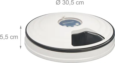 Zdjęcie produktu dla Automat do karmy dla kotów Relaxdays, do 6 porcji, wys. x gł.: 5,5 x 30,5 cm, stacja do karmienia kotów z zegarem, biało-szara