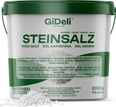 Produktbild von GiDeli Steinsalz grobkörnig 5 kg  im Eimer - naturbelassen & unraffiniert, ohne Zusätze, vielseitig für Bäder, Lebensmittel, Kühlung und Streuen