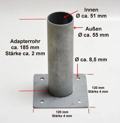 Produktbild von Aufschraubhülse für Torpfosten Durchmesser 60 mm (Hülse innen 55 mm), Feuerverzinkter Stahl, Grundplatte 12 x 12 cm, Schaftlänge 18,5 cm, mit verdeckt geschweißtem Adapterrohr, variabler Sockel (geschlossen/geschlitzt), inkl. 2 selbstschneidende Schrauben, für Beton-, Holz- u.a. Flächen
